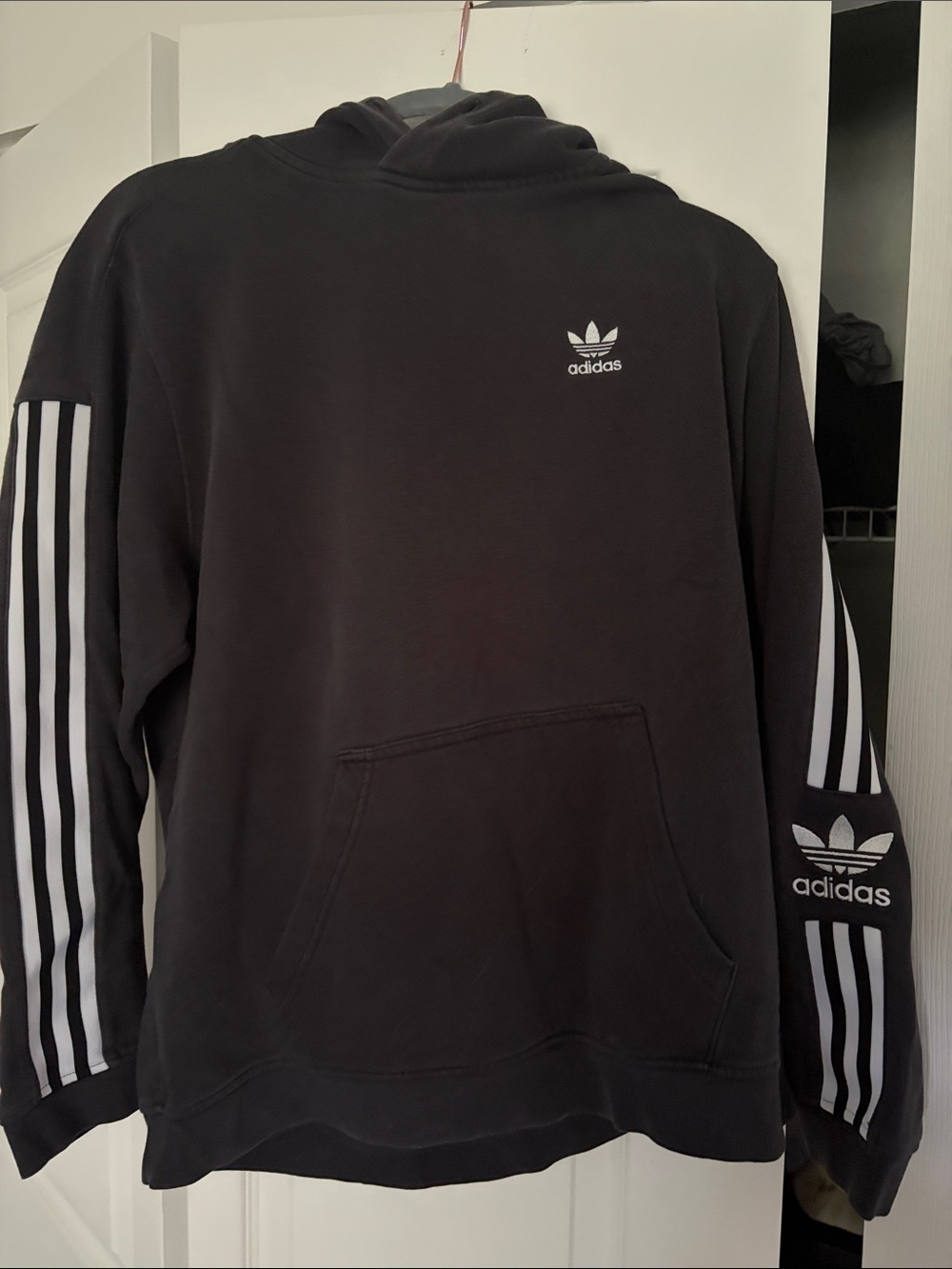 adidas Black Hoodie with White Three-Stripe Sleeves